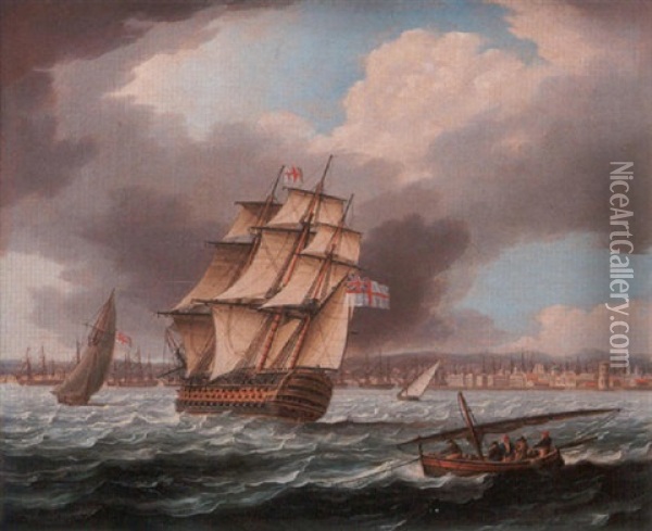 A Large First Rate, Probably A Flagship, Arriving Off Cadiz, The Spanish Fleet Lying At Anchor In The Roadstead Oil Painting - Thomas Buttersworth