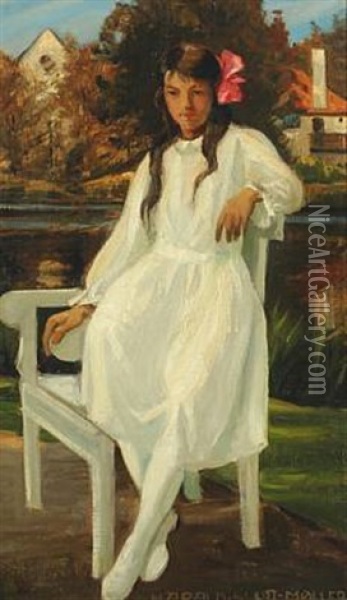 A Young Girl In A White Dress Oil Painting - Harald Slott-Moller