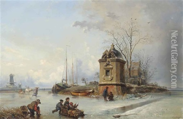 Skaters On A Dutch Canal Outside A Teahouse Oil Painting - Charles Louis Mozin