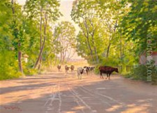 Cows Homeward Bound Late In The Afternoon On A Summer Day Oil Painting - Johan Fredrik Krouthen