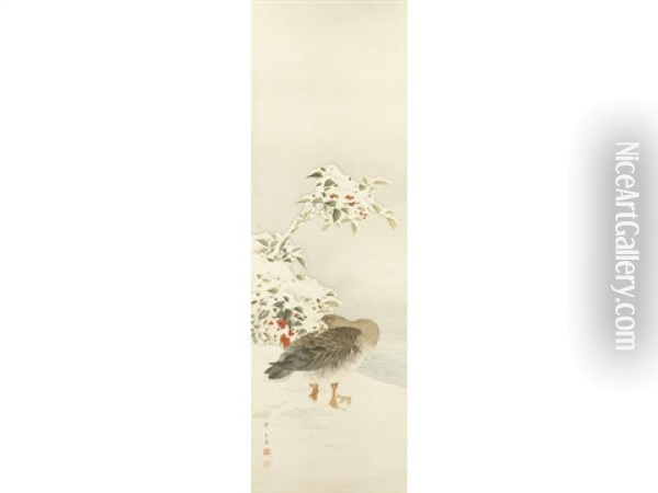 A Wild Goose Preening Its Plumage Beside Snow-laden Branches Of Yabukoji (coral Berry) Oil Painting - Gyokusen Mochizuki