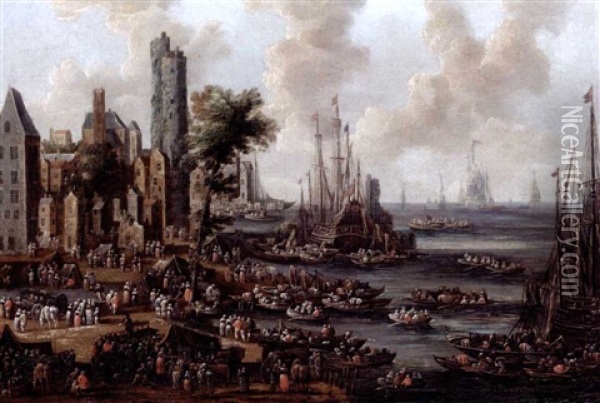 A Harbour Scene With Figures Unloading Their Wares From Boats Oil Painting - Pieter Casteels the Younger