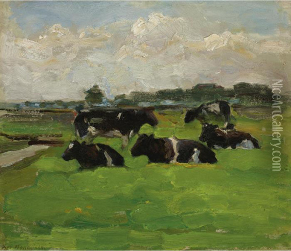 Polder Landscape With Group Of Five Cows Oil Painting - Piet Mondrian