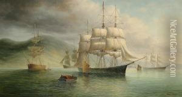 Ships At Anchor In Calm Waters Oil Painting - James Hardy