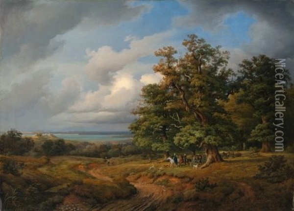 Jagdgesellschaft An Einem Bayrischen See Oil Painting - Georg Heinrich Crola