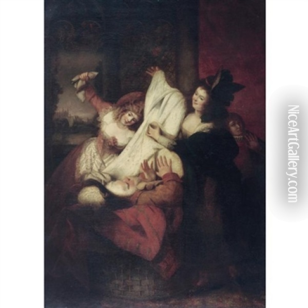 Mrs Page, Mrs Ford And Falstaff. Falstaff Goes Into The Basket; They Cover Him With Foul Linen (scene From Act Iii Scene Iii, The Merry Wives Of Windsor) Oil Painting - Rev. Matthew William Peters