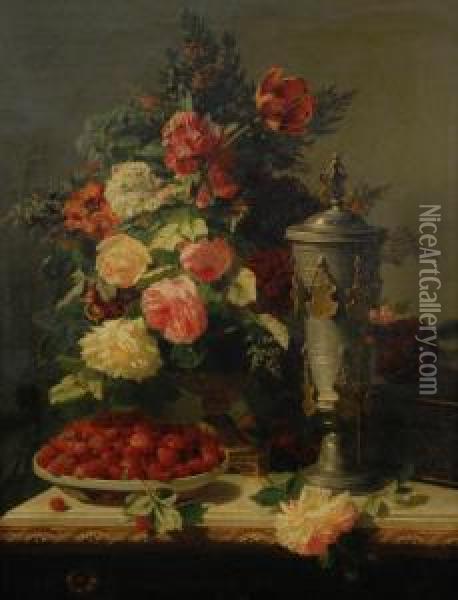 Floral Still Life With Strawberries And Tankard Oil Painting - Jean-Baptiste Robie
