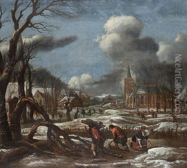 A Winter Landscape With Figures Oil Painting - Aert van der Neer