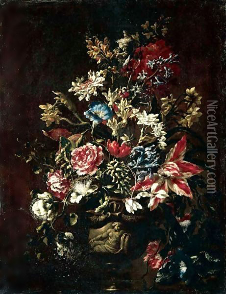 A Still Life Of Carnations, Lilies, Peonies, Irises And Other Flowers In Stone Urn On A Pedestal Oil Painting - dei Fiori (Nuzzi) Mario