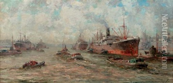 Shipping In Rotterdam Harbour Oil Painting - Gerard Delfgaauw