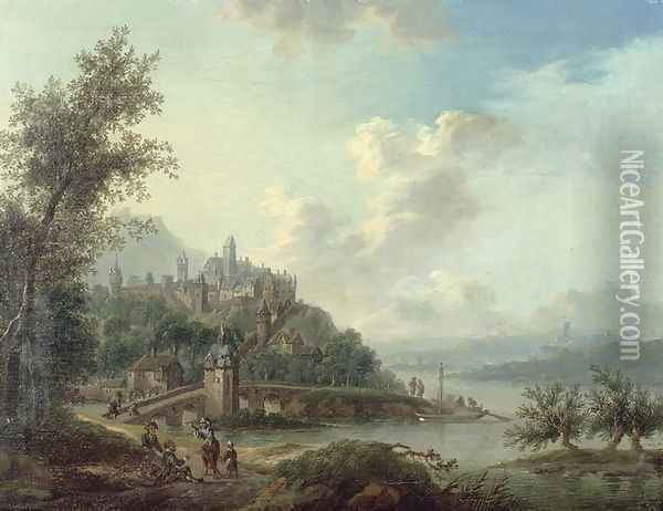 A Rhineland View with a Bridge and Figures in the foreground and a Fortified Town on a Hill beyond Oil Painting - Christian Georg II Schutz or Schuz