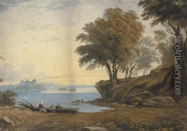 Figures And Cattle In A Coastal Landscape, A Castle Beyond Oil Painting - John Varley