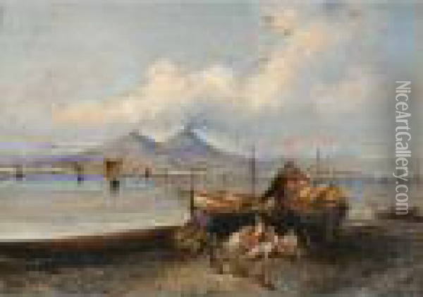 Spiaggia Con Barche E Pescatori Oil Painting - Consalvo Carelli