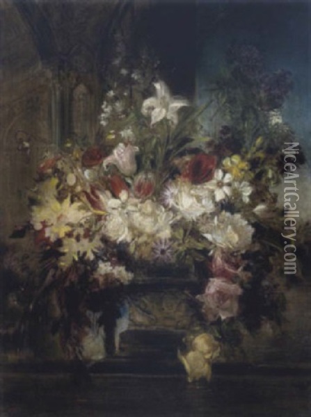 Uppiger Blumenstraus Aus Paonien, Tulpen Und Rosen In Steinvase, Schwer Lesbar In Der Platte Oil Painting - Friedrich Ernst Wolfrom
