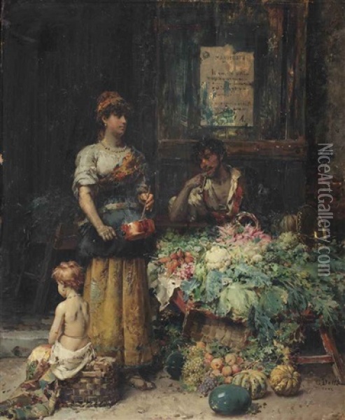 A Woman Selling Vegetables Oil Painting - Cesare Auguste Detti