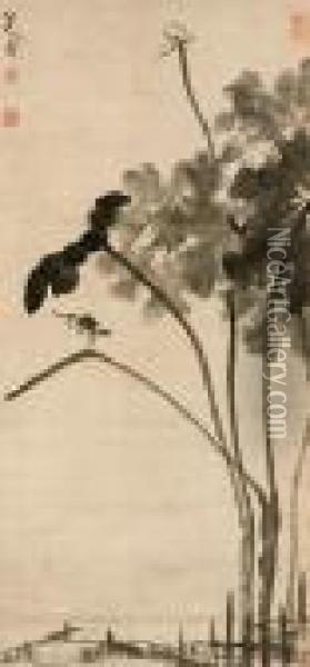 Little Bird Perched On A Lotus Stalk Oil Painting - Bada Shanren