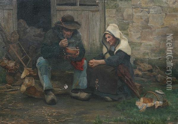 Breton Peasants Sitting Outside A Cottage Eating Oil Painting - E. Hartry