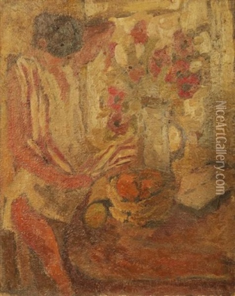Femme Au Bouquet D'anemones Oil Painting - Georges Bouche