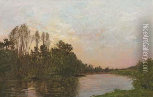 Soleil Couchant Pres Mantes: Along A River At Dusk Oil Painting - Hippolyte Camille Delpy