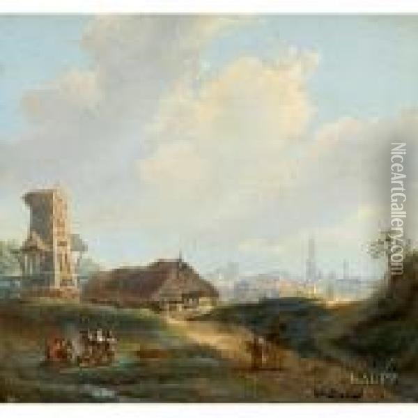 Niederlandische Landschaft Mit Reetgedeckter Scheune Undmuhle Oil Painting - Charles Henri Leickert