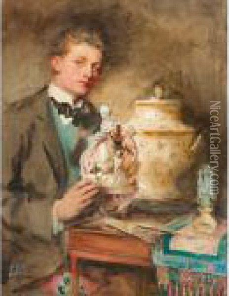 Halbfigurenbildnis Eines 
Jungenantiquitatenhandlers, Eine Porzellanene Figurinengruppe Haltend Oil Painting - William Bruce Ellis Ranken