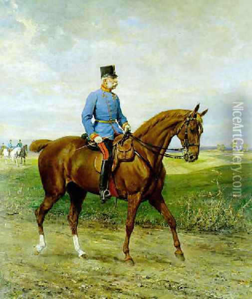 Kaiser Franz Joseph I. von Osterreich in der Campagneuniform eines Feldmarschalls zu Pferde im Manovergelande 1909 Oil Painting - Julius von Blaas