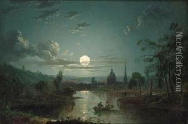 A Moonlit River Landscape With Figures In A Boat Oil Painting - Sebastian Pether