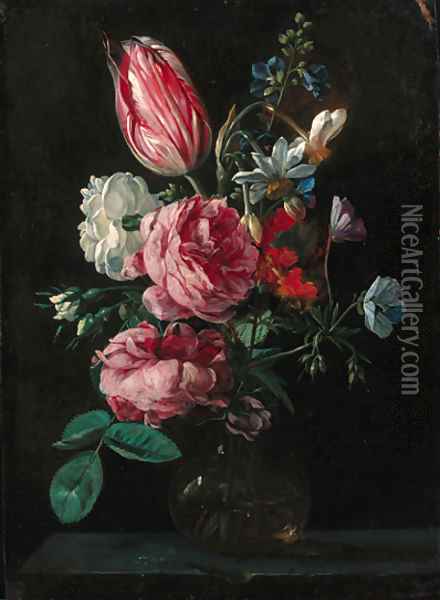 Roses, narcissi, a parrot tulip and other flowers in a glass vase on a ledge Oil Painting - Nicolaes van Veerendael