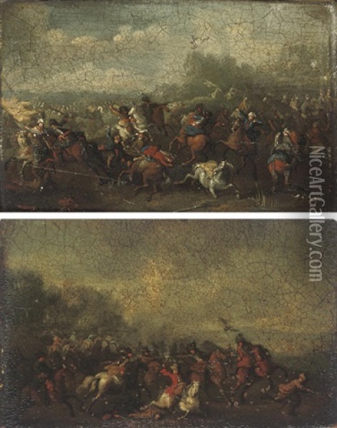 A Cavalry Skirmish (+ A Cavalry Skirmish; Pair) Oil Painting - Karel Breydel