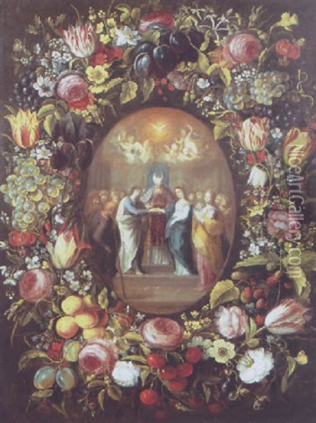 A Garland Of Tulips And Other Flowers Surrounding The Marriage Of The Virgin Oil Painting - Andries Daniels