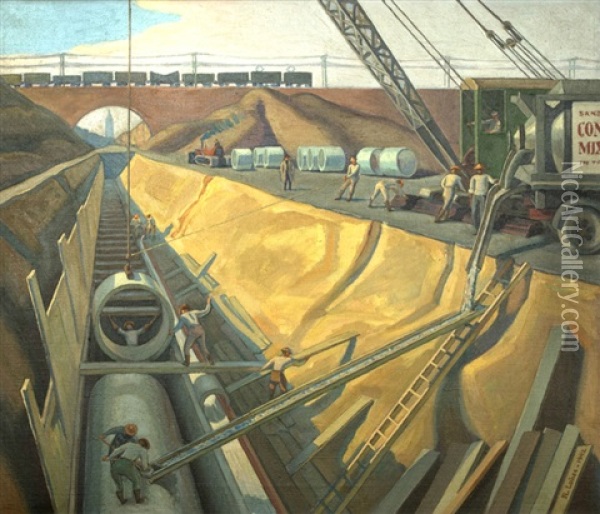 Figures Building A Pipeline Oil Painting - Remie Lohse