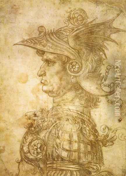 Profile Of A Warrior In Helmet Oil Painting - Leonardo Da Vinci