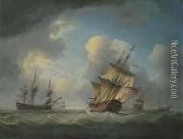 A Royal Naval Squadron Of The Red Offshore In A Heavy Swell Oil Painting - Charles Brooking