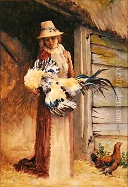 A Woman holding a Cockerel Oil Painting - George Carline
