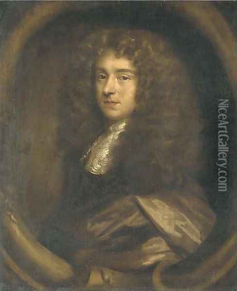 Portrait of a gentleman, bust-length, in a brown cloak, in a sculpted cartouche Oil Painting - John Greenhill