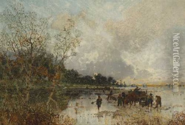 Pferdefuhrwerke Mit Arbeitern Am Ufer Oil Painting - Karl Heffner
