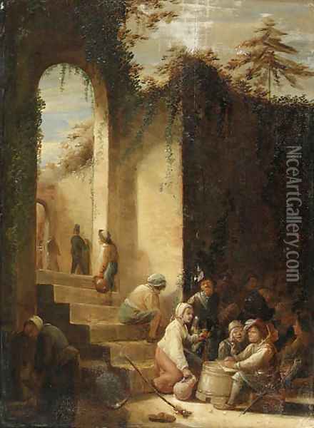 Peasants and Soldiers in a Courtyard Oil Painting - Joos van Craesbeeck