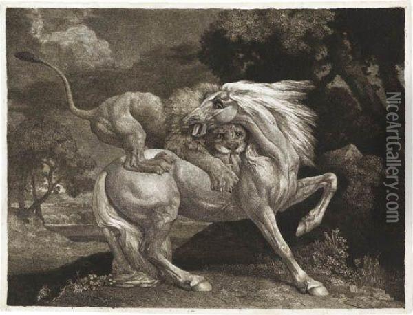 A Lion Devouring A Horse Oil Painting - George Stubbs