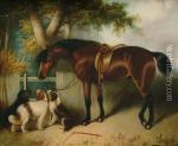 A Horse And Threedogs Beneath A Tree Oil Painting - George Armfield