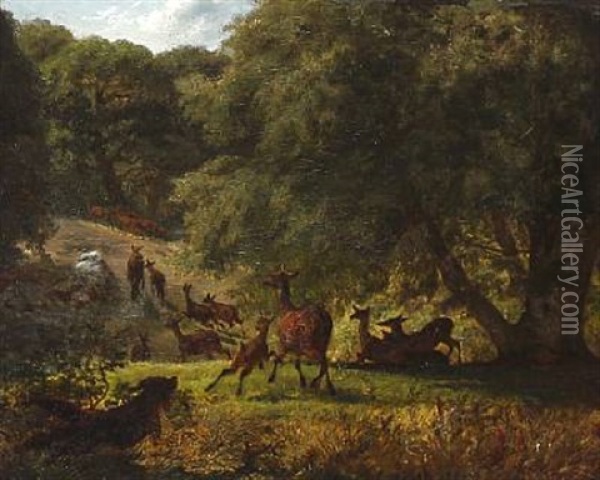 A Dog Scares Deer In The Deer Garden Oil Painting - Lorenz Frolich