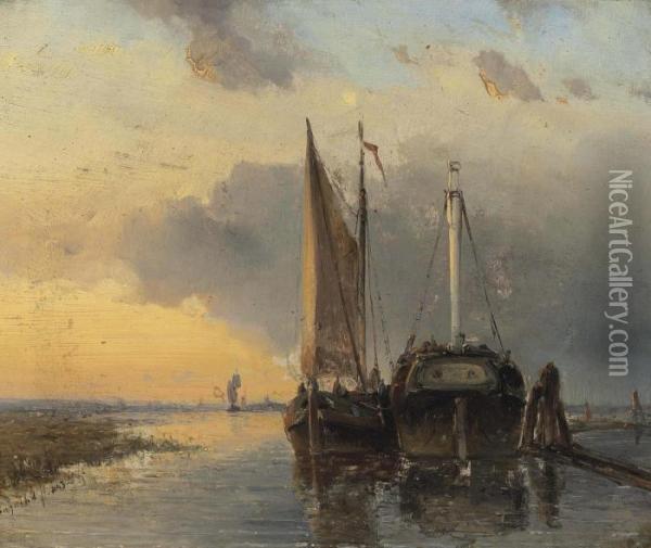Harbour On A Dutch River Oil Painting - Johan Barthold Jongkind
