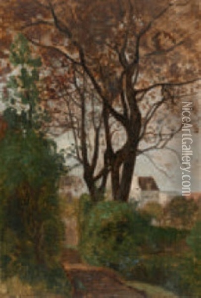 Baumgesaumter Weg - Im Hintergrund Ein Dorf Oil Painting - Eugene Antoine Samuel Lavieille