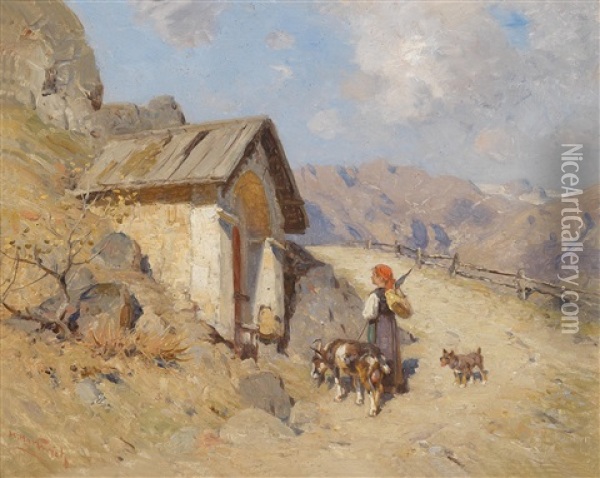 Ziegenhirtin In Den Bergen Oil Painting - Emil Hermann Hartwich