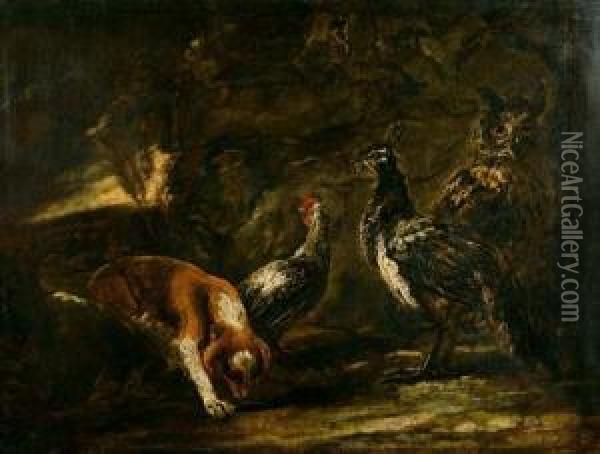 Huhner, Eine Eule Und Ein Hund In Einer Landschaft. Oil Painting - Peeter Boel