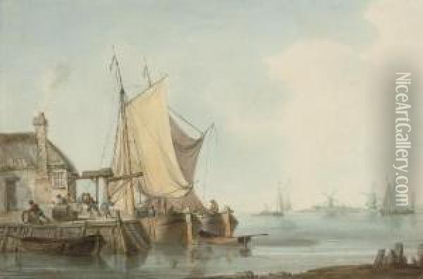 Unloading Barrels Onto The Quayside Oil Painting - William Anderson