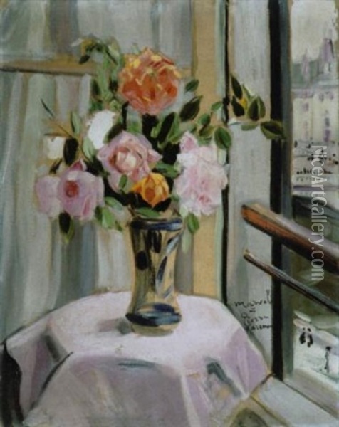 Roses Devant Une Fenetre A Paris Oil Painting - Jacqueline Marval