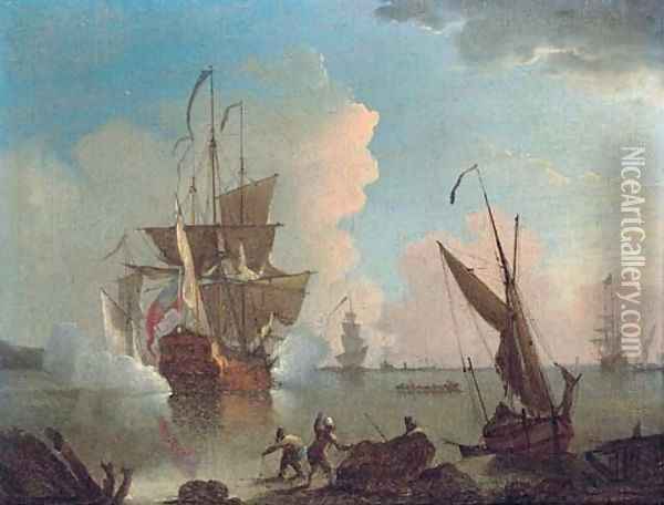 A warship announcing its departure from the anchorage Oil Painting - Thomas Mellish