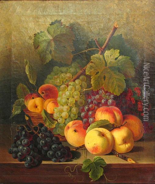 A Still Life Of Grapes And Other Fruit Resting On A Table Oil Painting - Josef Correggio