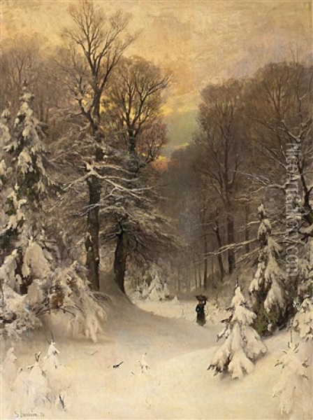 Reisigsammlerin Im Winterwald Oil Painting - Sophus Jacobsen
