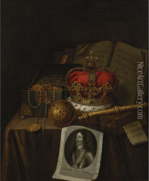 Vanitas Still Life With Crown, Jewels And An Engraving Of Charles Iof England Oil Painting - Edwart Collier